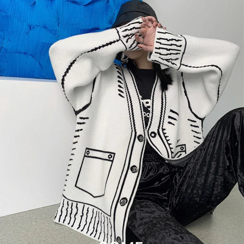 Clara Women’s Wool Knit Cardigan – Soft Oversized V-Neck Sweater with Graphic Detail