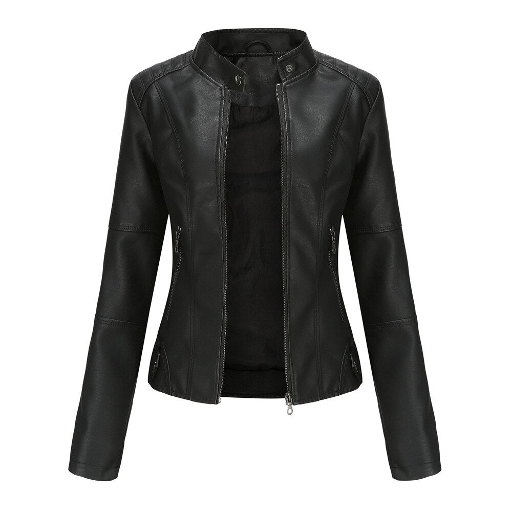 Elara Women’s PU Leather Jacket – Mandarin Collar & Tailored Chic Fit