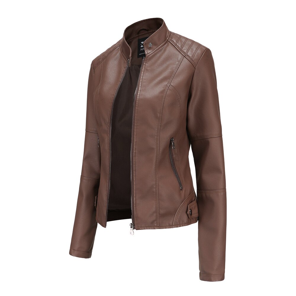 Elara Women’s PU Leather Jacket – Mandarin Collar & Tailored Chic Fit