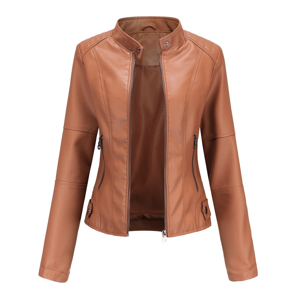 Elara Women’s PU Leather Jacket – Mandarin Collar & Tailored Chic Fit