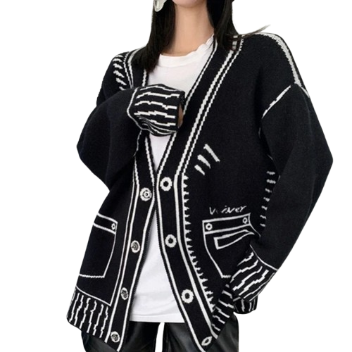 Clara Women’s Wool Knit Cardigan – Soft Oversized V-Neck Sweater with Graphic Detail