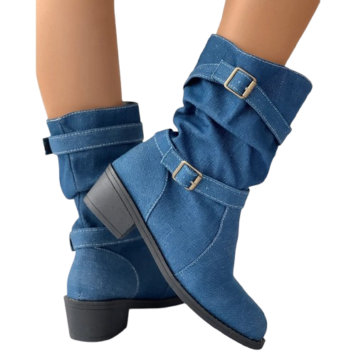 Harlene Women’s Ankle Boots – Denim Slouch Buckle Strap Winter Booties