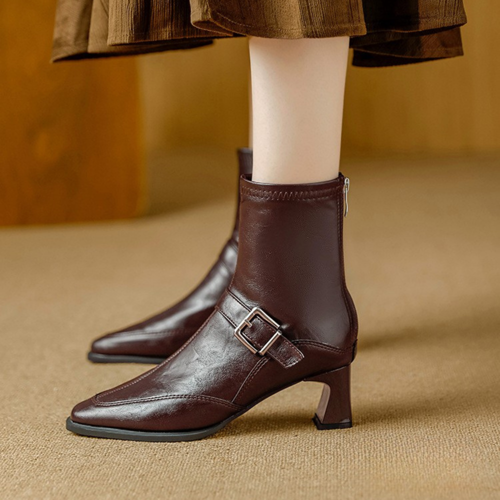 Clara Women’s Vegan Leather Ankle Boots – Buckle Detail Block Heel Booties for Fall and Winter Fashion