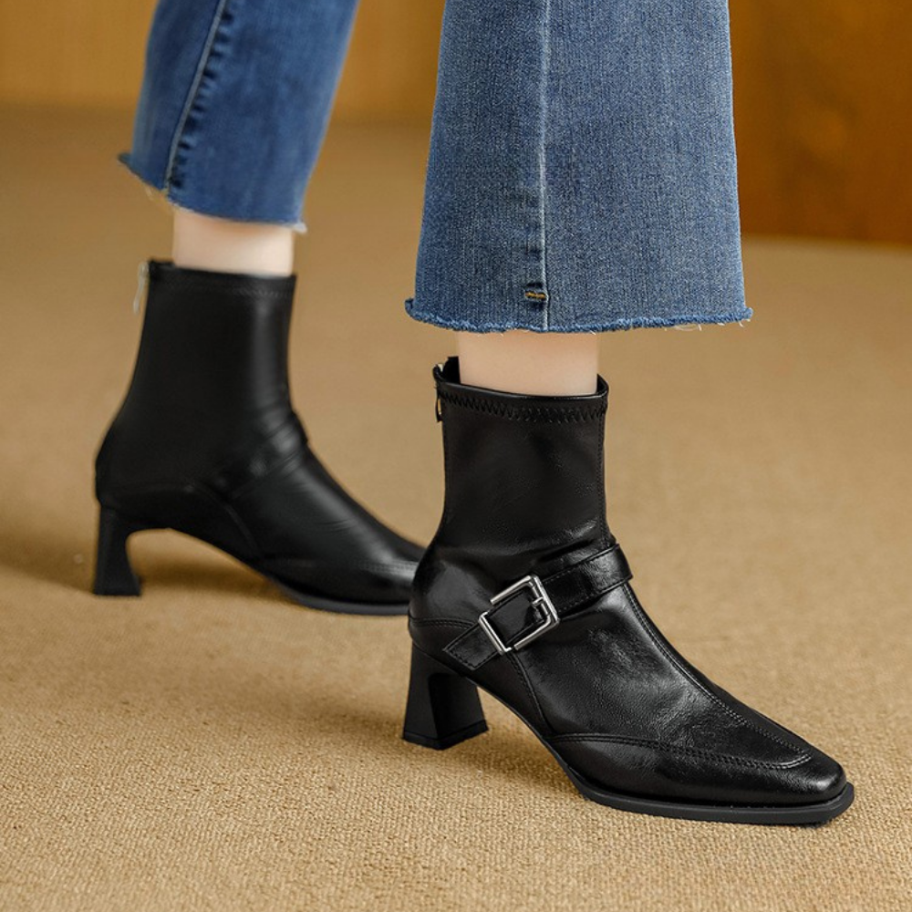 Clara Women’s Vegan Leather Ankle Boots – Buckle Detail Block Heel Booties for Fall and Winter Fashion
