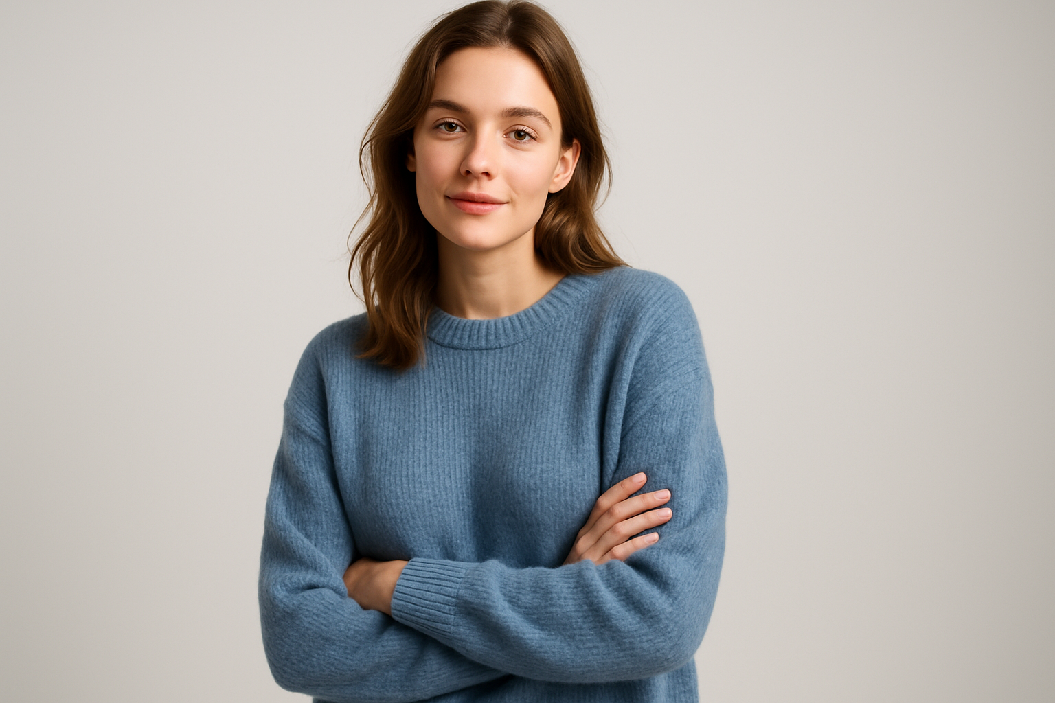 model woman wearing blue comfy sweater light grey background photo studio